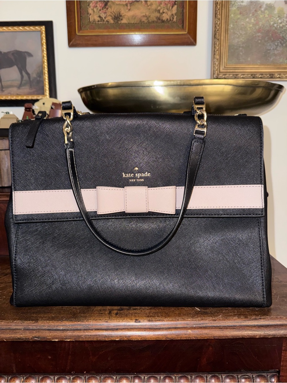 Kate Spade Black Saffiano Leather Tote Bag w/ Blush Pink Bow & Gold Hardware